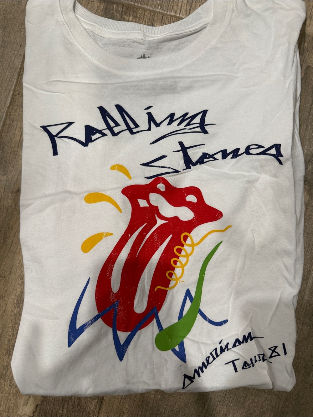 the Rolling Stones White Tee with Multicolor Tongue Graphic
